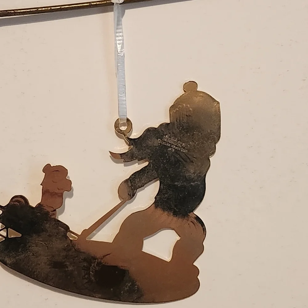 3 1/4” Vintage 1979 Pressed Brass Christmas Ornament Angel pulling Dog on Sled
